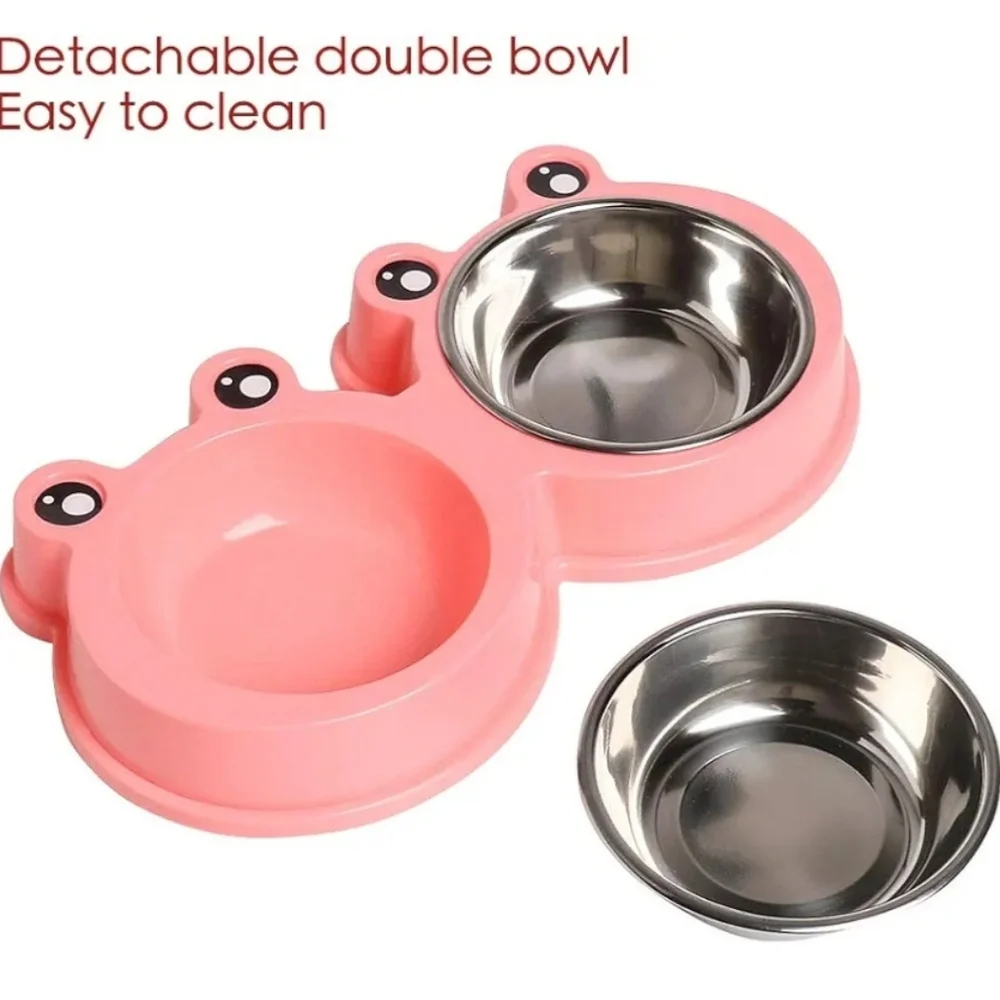 PINK or BLUE Double Pet Bowl with Cute Design For DOGS OR CATS